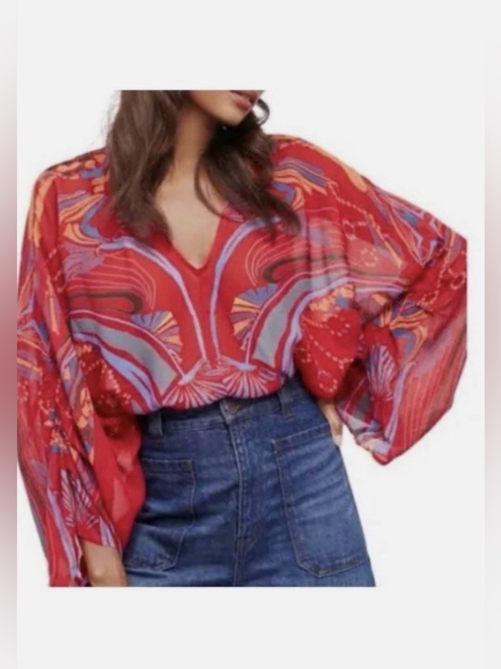 Free people Beneath the sea red abstract dolmen/ batwing sleeve blouse S